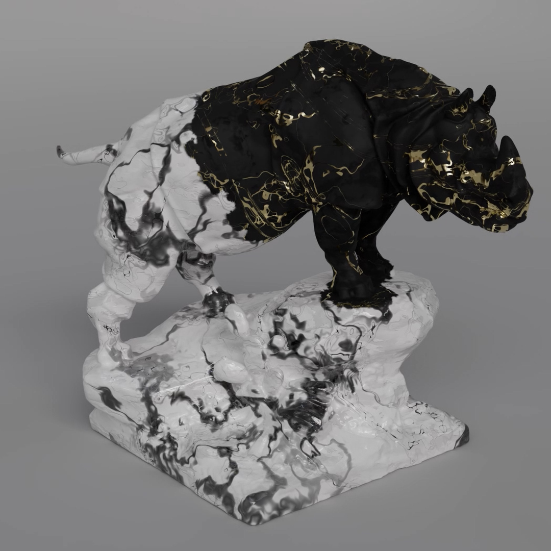 Abstract material growth on a rhino sculpture